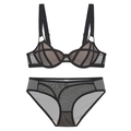 Conjunto de lencería de malla negra sexy con tirantes anchos y rayas geométricas - 70A / Top Y Pantalón / Negro