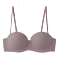 Detail of soft underwire support and seamless fabric on purple gathered strapless bra - Purple / 70A