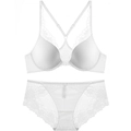 White lace lingerie set featuring a front-closure bra with Y-shaped back and matching panties - 70A / White