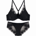 Black lace lingerie set with front-closure bra and floral embroidery details - 70A / Black
