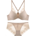 French style front closure lace lingerie set with Y-back design in elegant beige - 70A / Nude