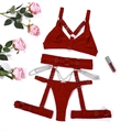 Set lingerie sexy tre pezzi rosso scuro con catene in metallo e reggicalze regolabile - Taglia S / Borgogna