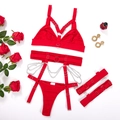 Three-piece red strappy lingerie set with metal chains, leg rings and garter belt - S / Red