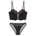 Conjunto de lencería vintage negra con bordado de rosas y diseño de bustier con varillas - S / Conjunto Negro Hepburn