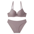 Detail view of seamless mauve lingerie set with smooth wireless bra and matching panties - Purple