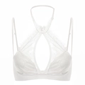 White French lace halter bra with teardrop cutout and shimmering fabric detail - S / White Top