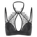 French sexy black lace halter bralette with shimmering fabric and eyelash floral details - S / Black Top