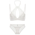 White French lace lingerie set featuring halter neck bra and matching mesh panties - S / White Zirconia Set