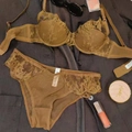 Brown embroidered French lace lingerie set with underwire bra and matching panties - 70B / Olive Green