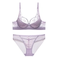 Elegant light purple lace lingerie set with underwire bra and matching mesh panties - 75B / Purple