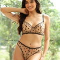 Französisches Dessous-Set mit Polka-Dots und Spitze in Beige und Schwarz aus Mesh - S / Braun