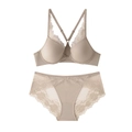 Beige front-closure lace bra set with Y-shaped cross back straps and matching panties - Nude Set / 70A
