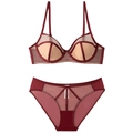 Elegante set di lingerie bordeaux in mesh con fodera a contrasto in vista piatta ad alta definizione - 70B / Borgogna