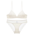 Minimalistisches bügelloses Triangel-Bralette-Set mit passendem Spitzen-Slip in Creme - S / Aprikose