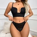 Sexy schwarzes Dessous-Set mit U-BH und Leopard-Netzhöschen mit hohem Schnitt - 75B / Schwarz