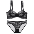 Französisches sexy schwarzes Spitzen-Dessous-Set mit Blumenstickerei und Mesh-Details - 70A / Schwarz