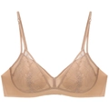 Lace bralette in champagne beige featuring delicate floral patterns and thin straps - S / Nude