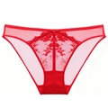 Red sheer lace panties with floral embroidery and small bow in a low-rise triangle cut - S / Red