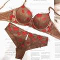 Coffee brown lace lingerie set with red lip embroidery and sheer mesh details - Brown
