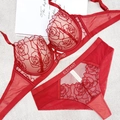 Set lingerie in pizzo rosso con ricamo a rose e reggiseno push-up con ferretto - 75C / Rosso