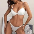Elegant white satin lingerie set with 3/4 cups and rose gold metal X-shaped buckles - S / White