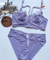 Flat lay of purple lace lingerie set with floral embroidery and gold ring detail - 70B / Purple