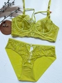 Detailed flat lay of lime green lace lingerie set with wired bra and matching panties - 70B / Lemon Green