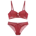 Sexy rotes nahtloses Dessous-Set mit Kreuzgurtdesign und transparentem Netzhöschen - 75B / Burgunderrot