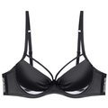 Eleganter schwarzer nahtloser Satin BH mit dekorativen Trägern und Netz-Details - 32/70B / Schwarz