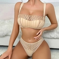 Conjunto de lencería beige con bordado francés, sujetador de malla y tanga a juego - S / Color Piel