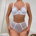 Weißes Dessous-Set aus Netzstoff mit gepunkteter Textur und High-Waist-Slip - 75B / Weiß