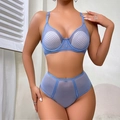 Dessous-Set aus hellblauem Mesh mit atmungsaktiven Körbchen und hoher Taillenhose - Blau / 75B