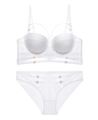 Detailansicht eines weißen Spitzen-Lingerie-Sets mit Mesh-Details und goldfarbenen Schnallen - 75B / Oberteil Und Unterteil / Weiß