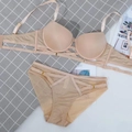 Beige seamless push-up lingerie set with strappy details and matching mesh panty - 75B / Nude