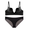 Seamless deep V bra set in black with lace side panels and push-up support - 70A / Top And Bottom / Black