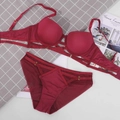 Sexy wine red seamless lingerie set with lace-up hollow design and gold metal rings - 75B / Burgundy