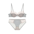Completo intimo in pizzo grigio con ricami rosa e reggiseno con ferretto di sostegno - 70A / Verde