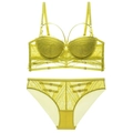 Sexy kalkgrünes Spitzen-Lingerie-Set mit Push-up-BH und Riemchen-Hohl-Design - 75B / Zitronengelb