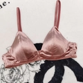 Pink satin triangle bralette with delicate lace trim and thin straps in silk finish - S / Pink