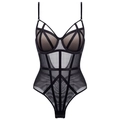 Sexy black mesh bodysuit with push-up cups and geometric strappy details for women - 70B / Black
