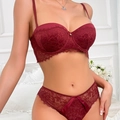 Elegant deep red lace lingerie set featuring a floral push-up bra and matching panties - 75B / Burgundy