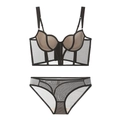 Dettaglio del set reggiseno in rete nera con fodera color carne e spalline sottili - S / Set con Zirconia Nera