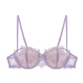 Close-up of lilac eyelash lace bra with satin bow detail and semi-sheer mesh cups - 70A / Purple Top