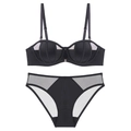French style sexy black strapless seamless lingerie set with sheer mesh panels - 70B / Black