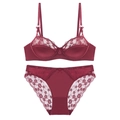 Lace patchwork satin lingerie set in deep red with bow detail on white background - 70B / Bra & Panty Set / Burgundy
