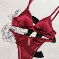 French velvet triangle bralette set with matching thong in wine red satin finish - XL / Set / Red