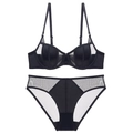 French style sexy black lingerie set with lace back and push-up bra for women - 70A / Top And Bottom / Black
