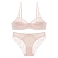 Elegant champagne lace lingerie set with satin fabric and floral embroidery detailing - 70B / Bra & Panty Set / Nude