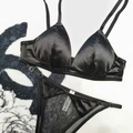 Elegant black satin velvet triangle bralette set with matching mesh panel panties - S / Top And Bottom / Black