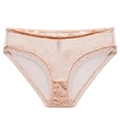 Detail shot of sheer nude lace panties featuring delicate floral patterns and scalloped edges - S / Pink